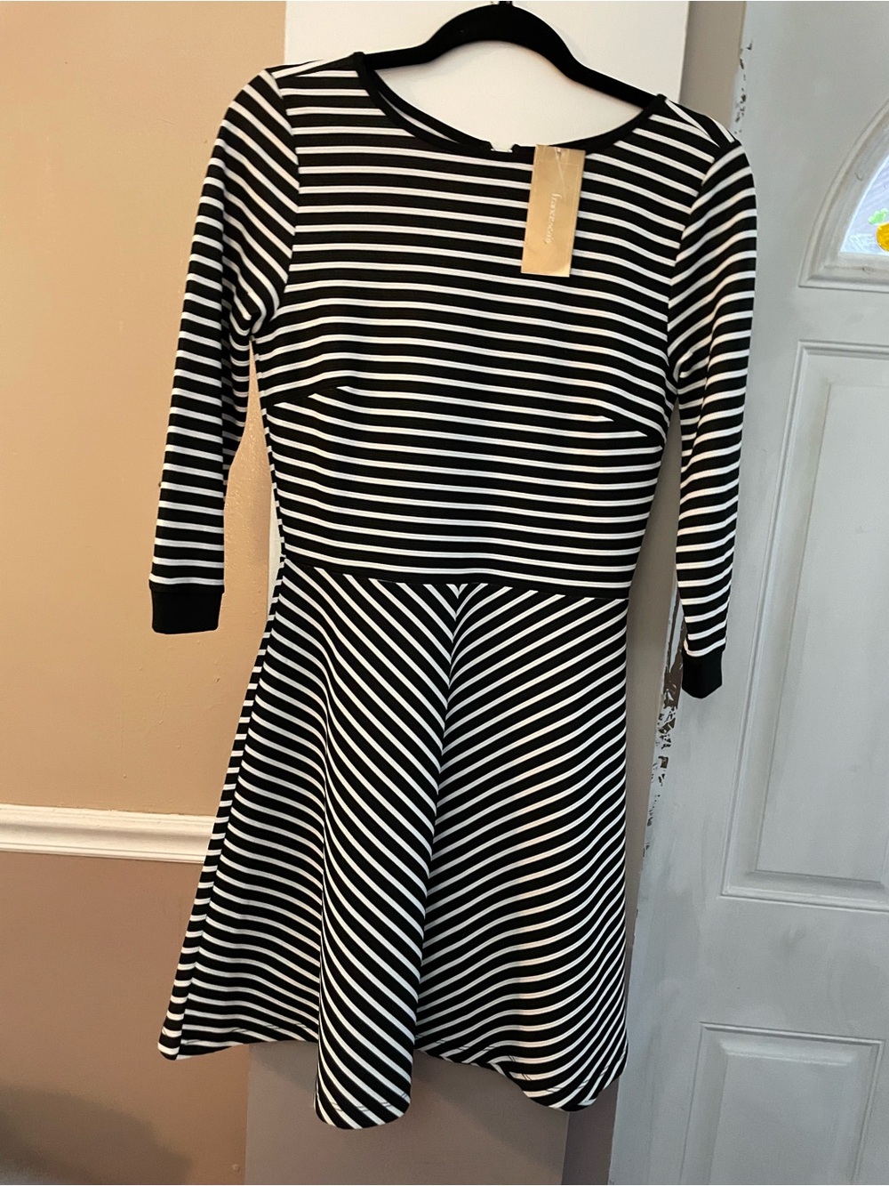 Francesca's Collections Black and White Striped Long Sleeve Fit-and-Flare Dress